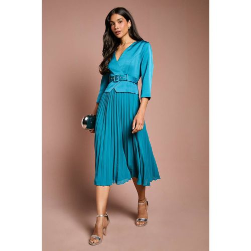 Robe Midi Ceinturée d'Invitée de Mariage à Corsage Satiné, Manches ¾ et Jupe Plissée | Taille 42 - Coast - Modalova