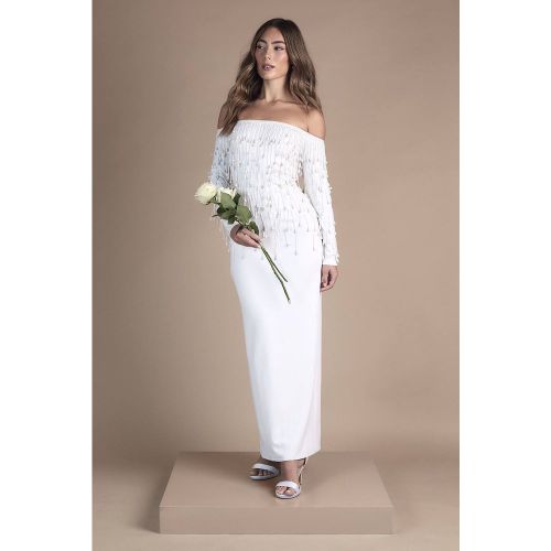 Robe De Mariée Crayon Brodée En Néoprène À Manches Longues Et Décolleté Bardot | Taille 46 - Coast - Modalova