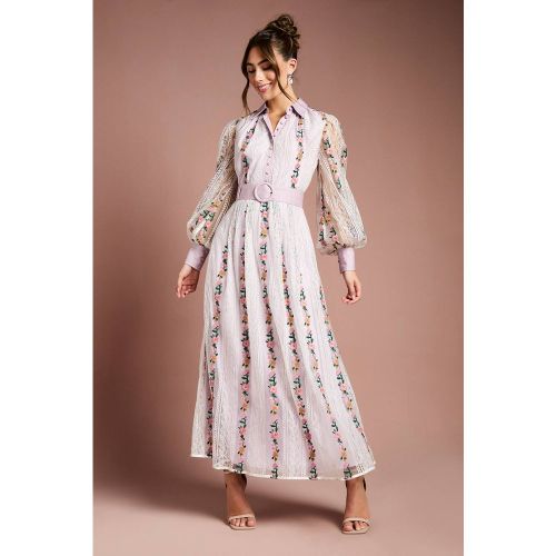 Robe Mi-Longue Ceinturée à Manches Bouffantes en Maille Brodée et Dentelle | Taille 42 - Coast - Modalova
