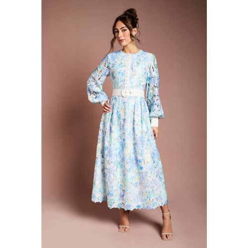Robe Mi-Longue Ceinturée à Manches Bouffantes en Dentelle Imprimée | Taille 44 - Coast - Modalova