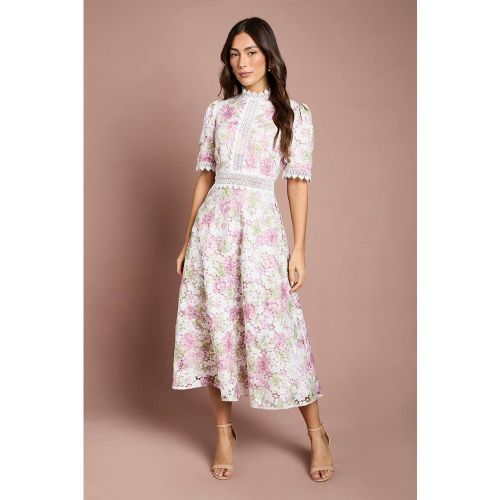 Robe Midi Imprimée En Dentelle À Manches Courtes Avec Détails De Finition | Taille 46 - Coast - Modalova
