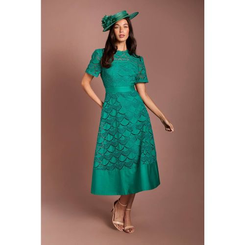 Robe Midi Lisa À Manches Courtes En Dentelle Tan Avec Finitions En Satin | Taille 44 - Coast - Modalova