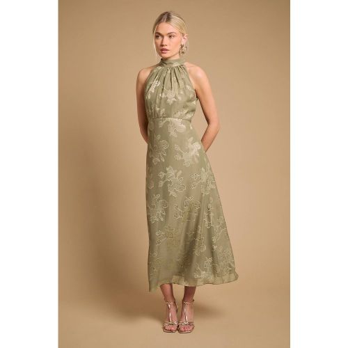 Robe Mi-longue à Col Halter en Satin Dévoré Uni | Taille 14 - Oasis - Modalova