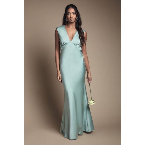 Robe Longue De Demoiselle D'honneur En Satin Sauge Avec Détail Dos Ouvert | Taille 18 - Oasis - Modalova