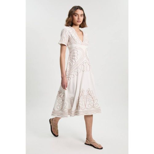 Robe Midi Tissée en Coton Lin avec Broderie Cornelli et Dos Ouvert | Taille 16 - KarenMillen - Modalova
