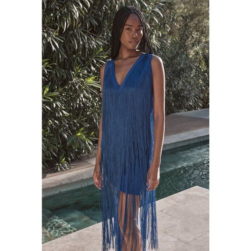 Robe Mi-Longue Tricotée à Col V avec Franges Bandage | Taille 16 - KarenMillen - Modalova