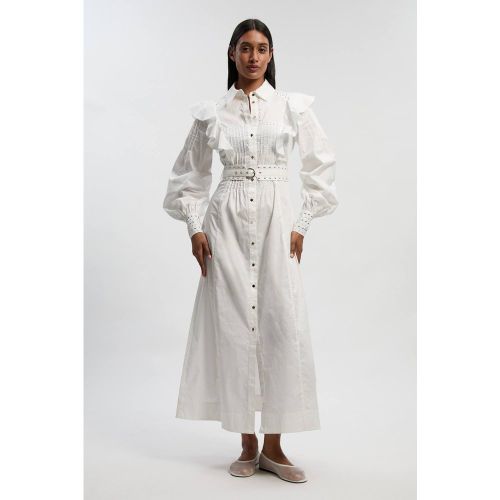 Robe Chemise Maxi En Coton Sateen À Manches Bouffantes Brodées Et Ceinture Cloutée | Taille 12 - KarenMillen - Modalova