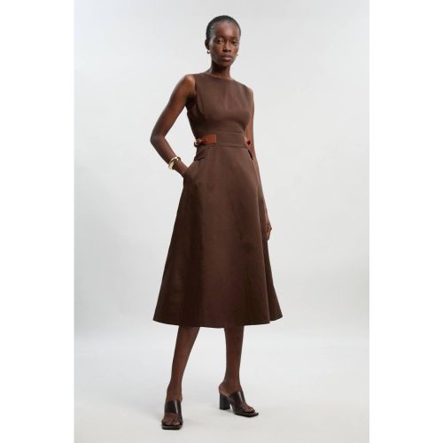 Robe Midi Évasée en Lin Tailleur avec Détail Patte à la Taille | Taille 16 - KarenMillen - Modalova