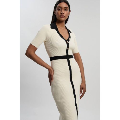 Robe Midi En Maille Côtelée À Manches Courtes Avec Col Et Détail Contrasté À La Taille | Taille Medium - KarenMillen - Modalova