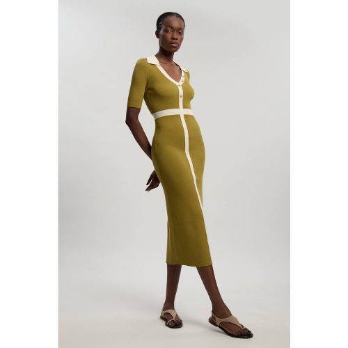 Robe Midi En Maille Côtelée À Manches Courtes Avec Col Et Détail Contrasté À La Taille | Taille Medium - KarenMillen - Modalova