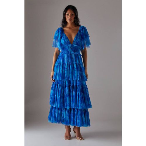 Robe Longue Étagée en Tulle Floral à Décolleté Plongeant et Manches Volantées | Taille 40 - Warehouse - Modalova