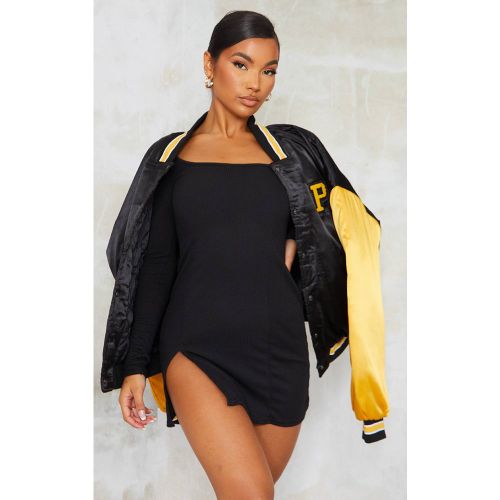 Black Robe Moulante À Manches Longues Avec Encolure Carrée Et Ourlet Fendu Côtelé | Taille 32 - PrettyLittleThing - Modalova