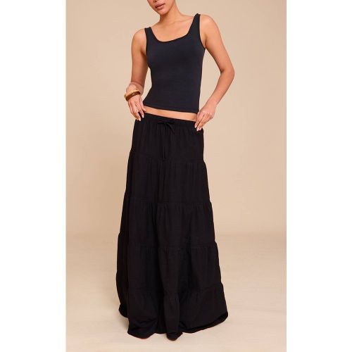 Black Jupe Longue En Coton À Taille Froncée Avec Cordon De Serrage | Taille 32 - PrettyLittleThing - Modalova