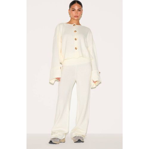 Cream Pantalon Évasé En Maille Avec Taille Pliée Petite | Taille Large - PrettyLittleThing - Modalova