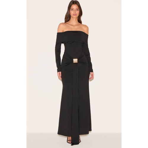 Black Robe Longue Bardot À Manches Longues Avec Détails Drapés Et Finitions | Taille 36 - PrettyLittleThing - Modalova