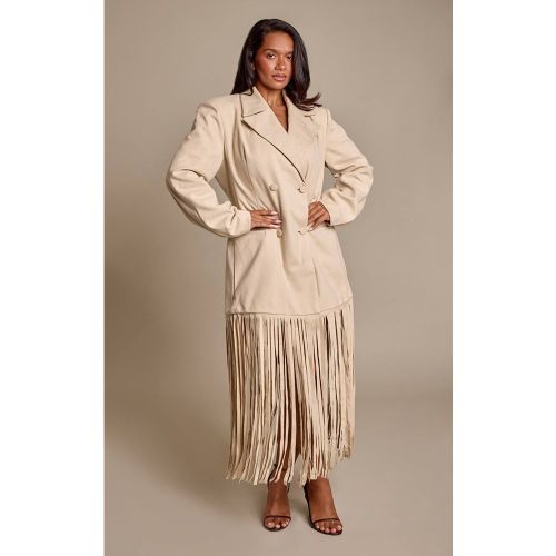 Cream Blazer Shape Aspect Laine Taille Cintrée Ourlet À Franges | Taille 36 - PrettyLittleThing - Modalova
