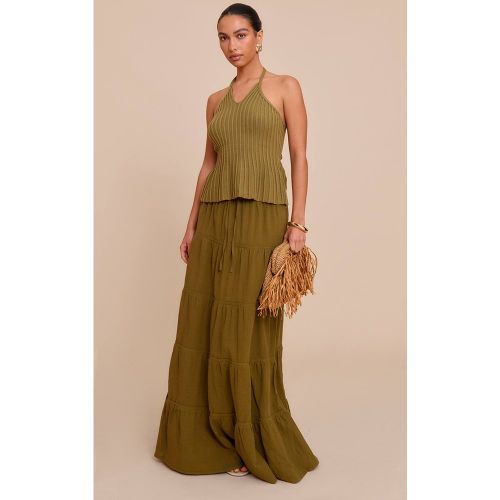 Olive Jupe Longue En Coton À Taille Froncée Avec Cordon De Serrage | Taille 32 - PrettyLittleThing - Modalova