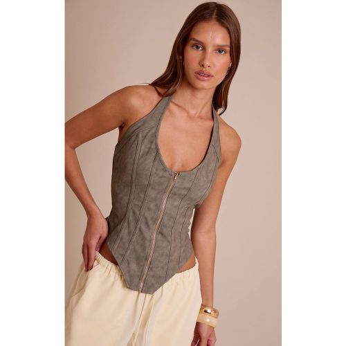 Olive Corset À Baleines En Synthétiquecuir Texturé Avec Ourlet Plongeant | Taille 32 - PrettyLittleThing - Modalova