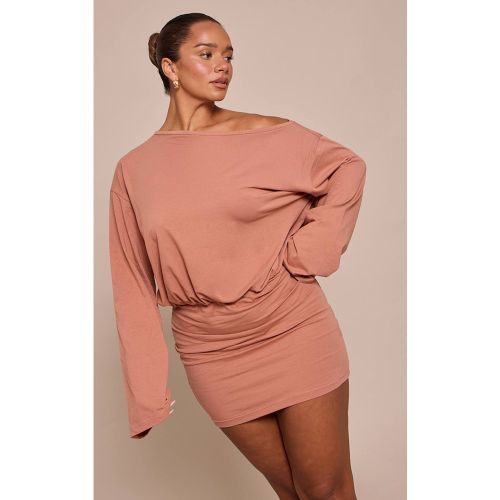 Mocha Robe Mini Ajustée En Coton À Manches Évasées Et Col Bateau | Taille 36 - PrettyLittleThing - Modalova