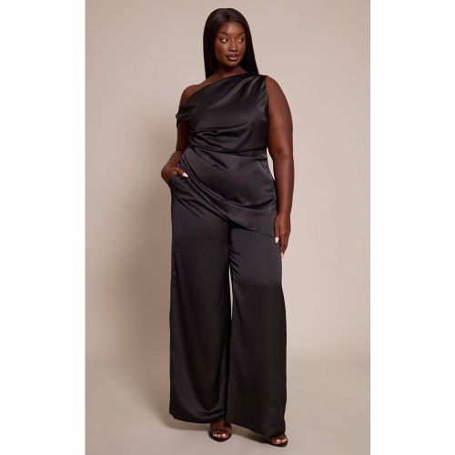 Black Pantalon Large Taille Haute En Satin Co-ord Grande Taille | Taille 44 - PrettyLittleThing - Modalova