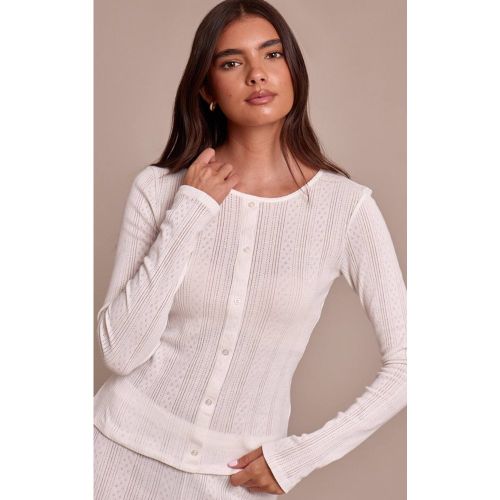 Cream Haut À Manches Longues En Pointelle Avec Boutonnage | Taille 32 - PrettyLittleThing - Modalova