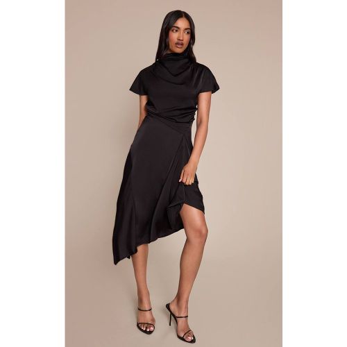 Black Robe Mi-longue En Satin Drapé À Ourlet Mouchoir Asymétrique | Taille 32 - PrettyLittleThing - Modalova
