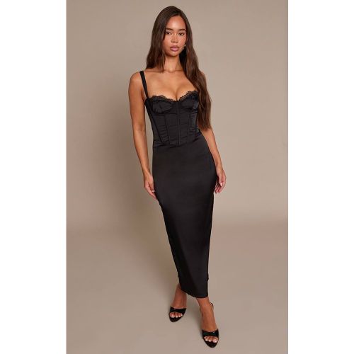 Black Robe Midi En Satin Avec Détail De Bonnets En Dentelle | Taille 42 - PrettyLittleThing - Modalova