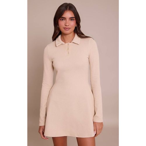 Cream Robe Droite Côtelée À Manches Longues | Taille 32 - PrettyLittleThing - Modalova