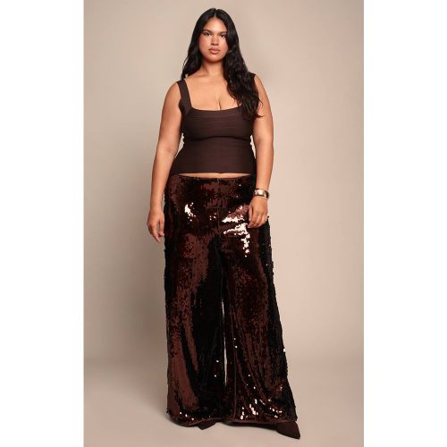 Dark Chocolate Pantalon Large Évasé À Sequins Grande Taille | Taille 46 - PrettyLittleThing - Modalova