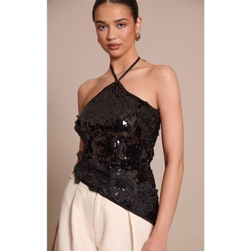 Black Haut Asymétrique À Détails De Fleurs En Sequins | Taille 42 - PrettyLittleThing - Modalova