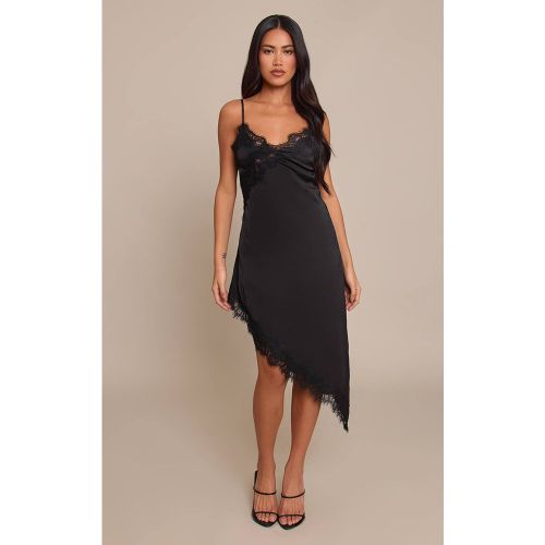 Black Robe Courte Asymétrique En Satin Avec Dentelle | Taille 32 - PrettyLittleThing - Modalova
