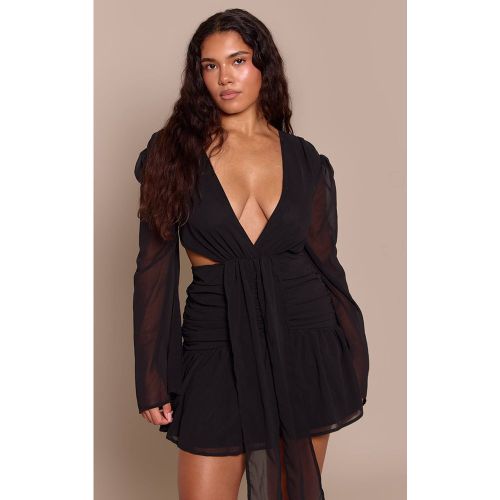 Black Robe Mini Moulante En Mousseline À Décolleté Plongeant Avec Détail Drapé | Taille 42 - PrettyLittleThing - Modalova