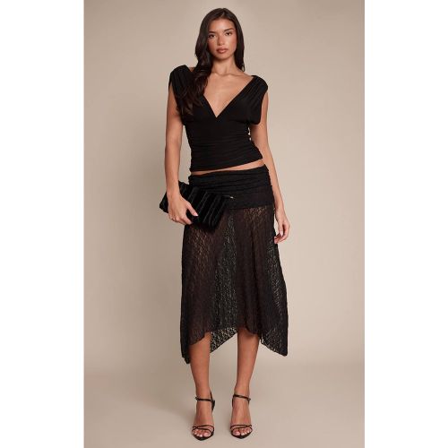Black Jupe Midi En Dentelle Texturée À Ourlet Mouchoir Plissé | Taille 42 - PrettyLittleThing - Modalova