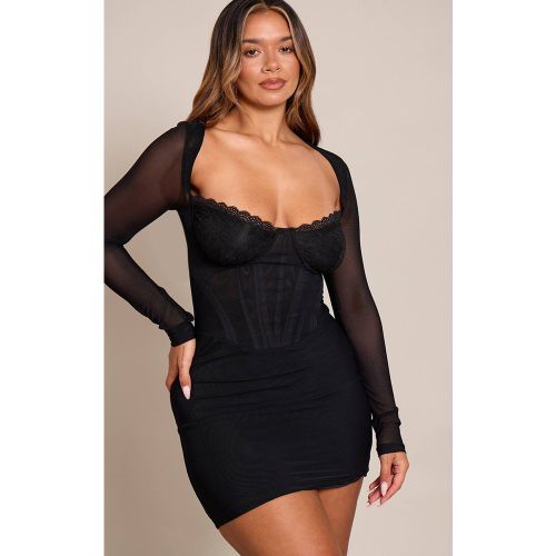 Black Robe Mini Corsetée Shape À Empiècements En Dentelle Et Mesh | Taille 42 - PrettyLittleThing - Modalova