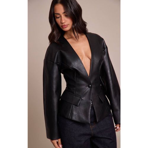 Black Blazer Petite Aspect Cuir Taille Cintrée | Taille 32 - PrettyLittleThing - Modalova
