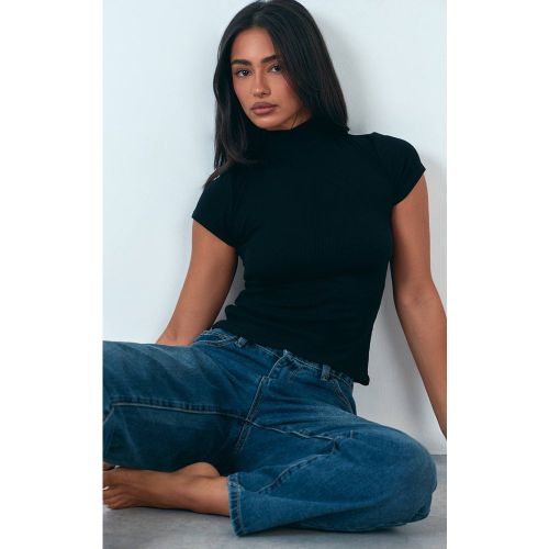 Black T-shirt Côtelé Doux Col Montant Ajusté Coupe Longue | Taille 42 - PrettyLittleThing - Modalova