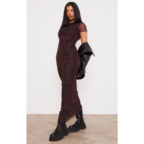 Burgundy Robe Longue À Manches Courtes En Mesh À Imprimé Floral | Taille 32 - PrettyLittleThing - Modalova