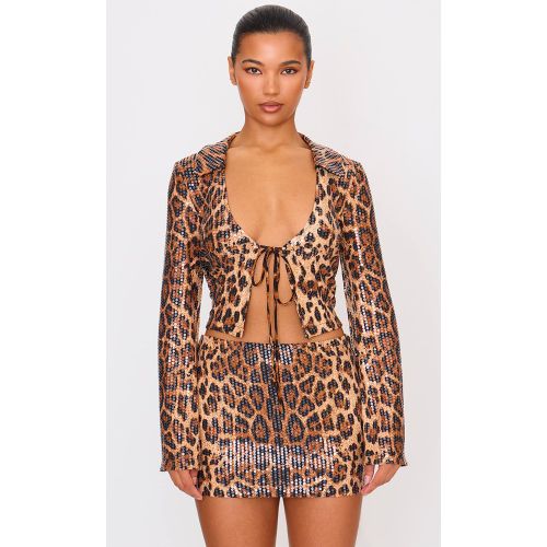 Brown Chemise À Manches Longues Imprimé Léopard À Paillettes Avec Détail Noué Devant | Taille 36 - PrettyLittleThing - Modalova