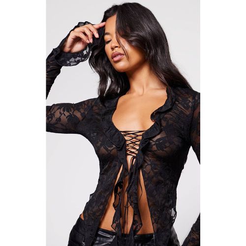 Black Blouse En Dentelle À Volants Avec Liens Sur Le Devant | Taille 42 - PrettyLittleThing - Modalova