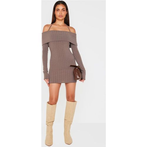 Robe Moulante Côtelée À Col Bardot Avec Détail Rabattu | Taille 42 - PrettyLittleThing - Modalova