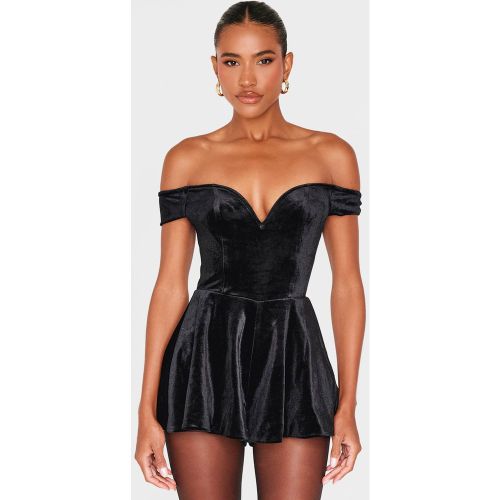 Black Combi-short Fluide En Velours À Encolure Bardot Cœur | Taille 32 - PrettyLittleThing - Modalova