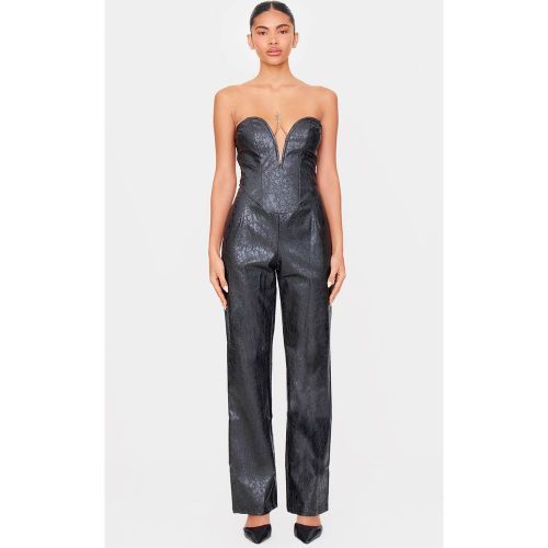 Black Combinaison Pantalon Jambe Droite À Plongeant Bandeau En Synthétiquecuir Effet Croco | Taille 36 - PrettyLittleThing - Modalova