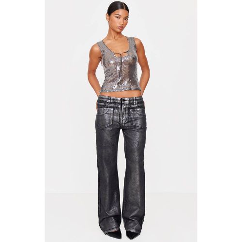 Black Jean Large Taille Basse À Effet Métallisé | Taille 32 - PrettyLittleThing - Modalova