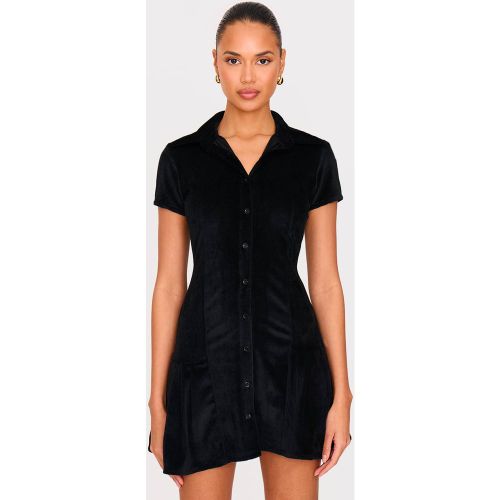 Black Robe Droite En Velours Côtelé À Manches Courtes Avec Boutonnage Et Ourlet Plissé | Taille 32 - PrettyLittleThing - Modalova
