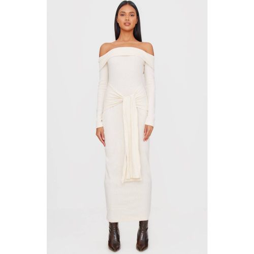 Robe Longue Bardot En Maille Côtelée Brossée Épaisse Avec Détail Cache-cœur | Taille 40 - PrettyLittleThing - Modalova