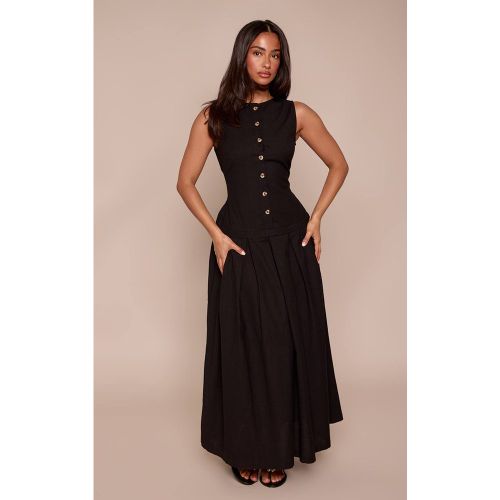 Black Robe Maxi Taille Basse Boutonnée Effet Lin Petite | Taille 38 - PrettyLittleThing - Modalova