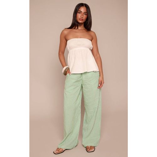 Green Pantalon Petite À Rayures Aspect Lin Taille Élastiquée | Taille 32 - PrettyLittleThing - Modalova