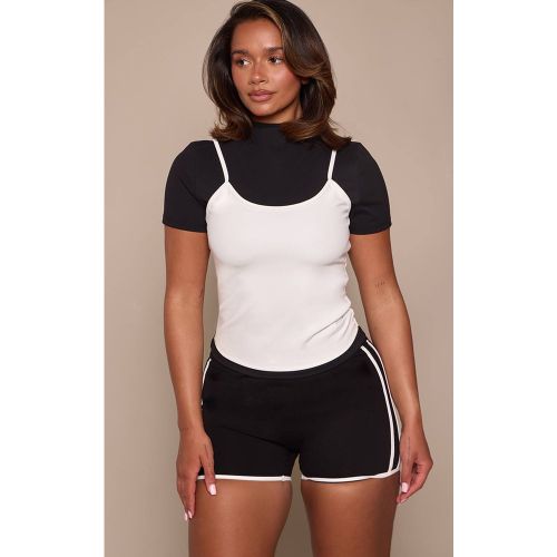 Black Top À Manches Courtes Moulant Sculptant Avec Détail Caraco Contrasté | Taille XS - PrettyLittleThing - Modalova