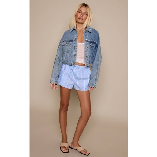 Blue Short Fluide Rayé En Coton Avec Cordon De Serrage | Taille 32 - PrettyLittleThing - Modalova