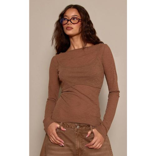 Mocha Top À Manches Longues En Mesh Côtelé Effet Dévoré Avec Détail Brassière | Taille 42 - PrettyLittleThing - Modalova
